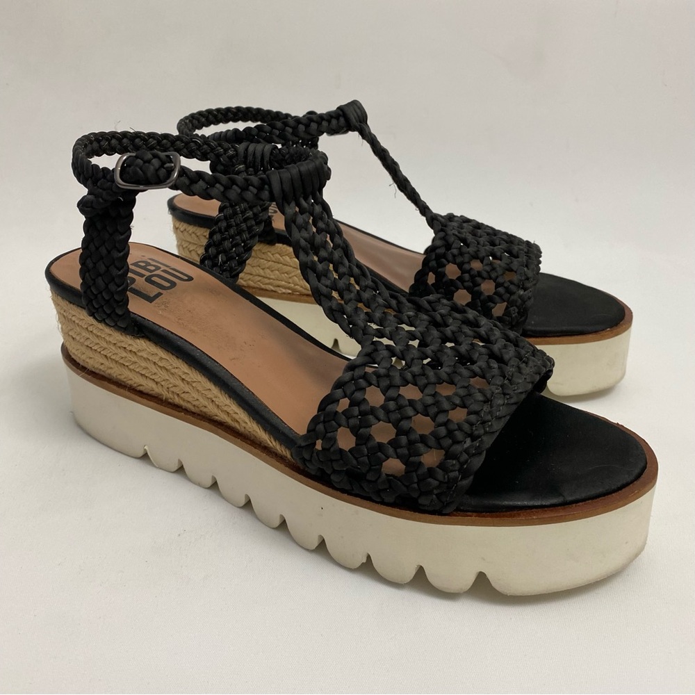 BIBI LOU Platform Sandals 7 - 7.5 / 38 Black Woven Ankle Strap Open Toe Wedge - Picture 1 of 16